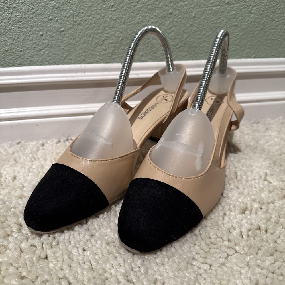 Kameiqixieye Black & Tan Sling Back Block Heel Ladies Pumps Business,Classic 9.5